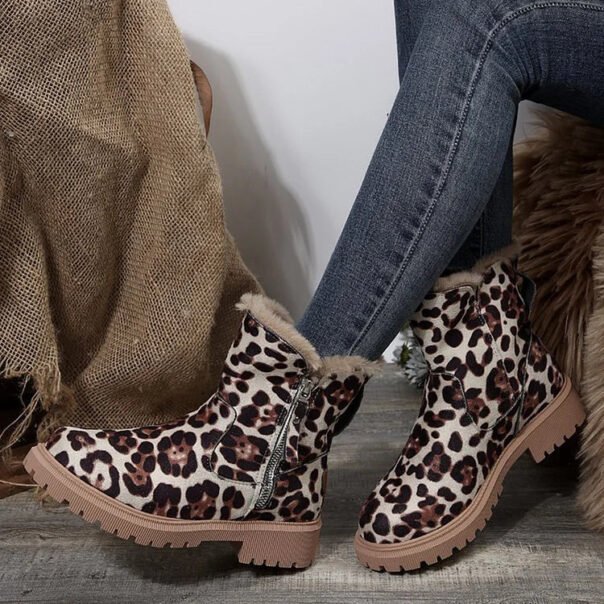 Leopard Print Suede Winter Plush Insulation Side Zipper Thick Heeled Snow Boots - Image 2