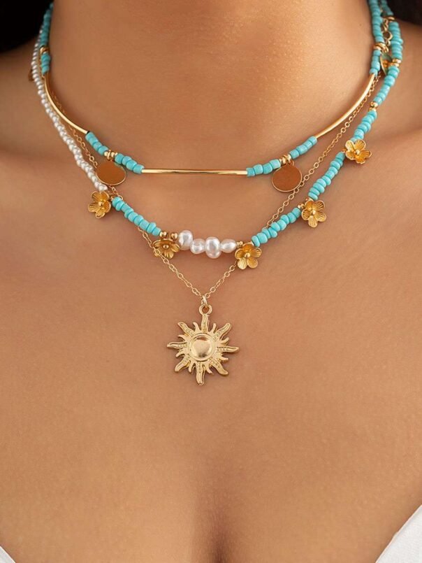 3pcs Sun & Floral Faux Pearl Beaded Necklace - Image 2