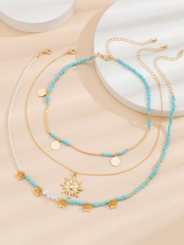3pcs Sun & Floral Faux Pearl Beaded Necklace - Image 3