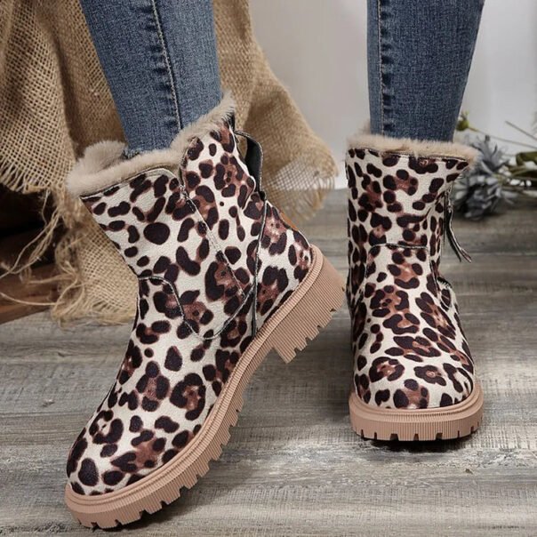 Leopard Print Suede Winter Plush Insulation Side Zipper Thick Heeled Snow Boots - Image 3