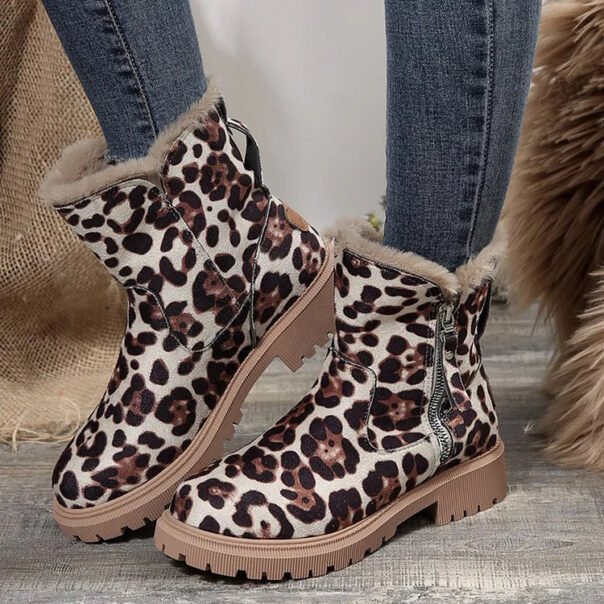 Leopard Print Suede Winter Plush Insulation Side Zipper Thick Heeled Snow Boots - Image 4