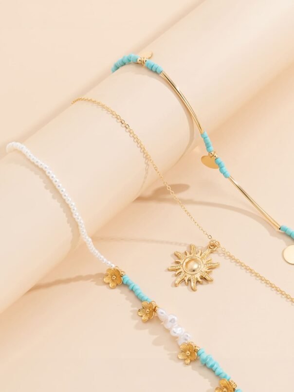 3pcs Sun & Floral Faux Pearl Beaded Necklace - Image 4