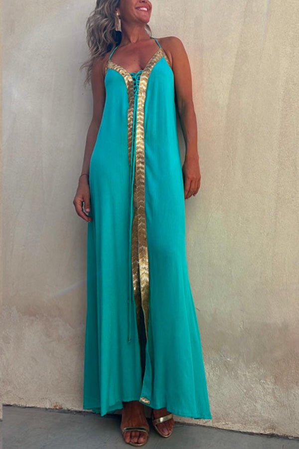 V Neck Backless Sequin Detailed Slit Cami Maxi Dress