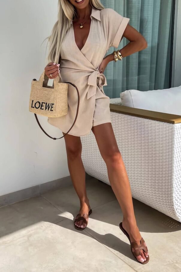 Casual Lapel Short Sleeve Romper - Image 9