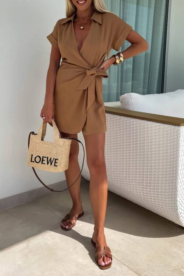 Casual Lapel Short Sleeve Romper - Image 14