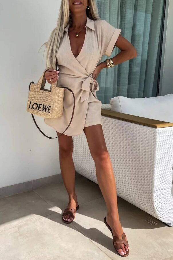Casual Lapel Short Sleeve Romper - Image 10
