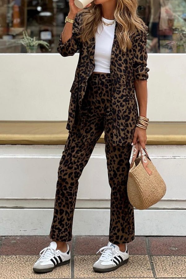 Leopard print long-sleeved Blazer and pants set