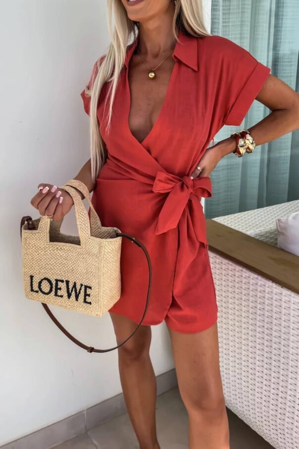 Casual Lapel Short Sleeve Romper - Image 2