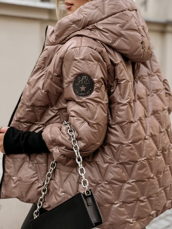 Hooded Long-sleeved Autumn and Winter Diamond Patchwork Cotton Jacket - Image 6